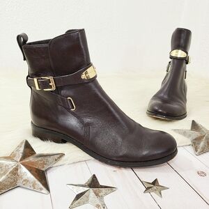 Michael Kors Arley Ankle Boots Brown Leather Low Heel Gold Accents Size 8